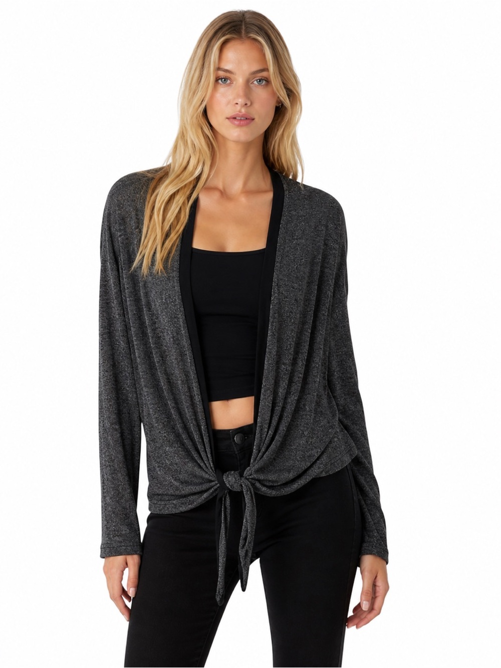 Draped Tie Front Cardigan Charcoal Gray Soft Knit Open Front Lightweight Small